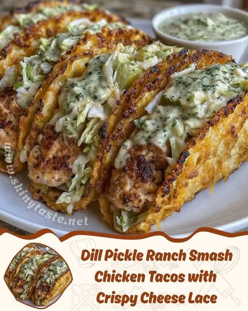 Dill Pickle Ranch Smash Chicken Tacos with Crispy Cheese LaceJuicy Smash Chicken, Tangy Pickle Ranch, and Irresistible Crunch in Every Bite